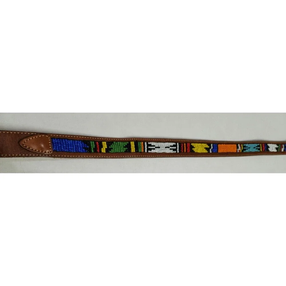 REI Womens Beaded Leather Waist Belt Brown Multicolor Colorful #309025 Size M - Picture 7 of 12